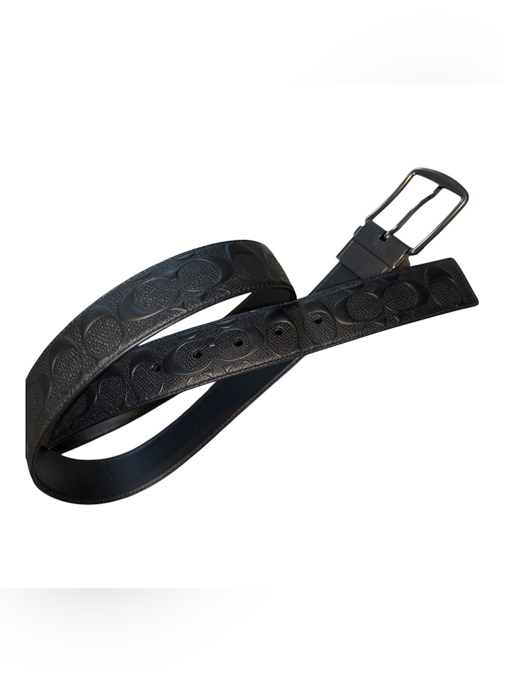 Coach Black Leather Men's Belt with Silver Buckle and Textured Strap